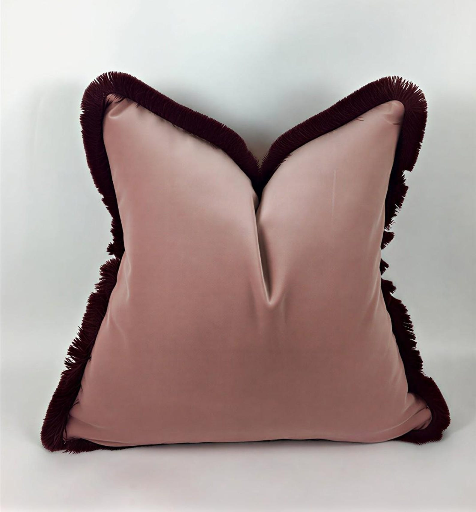 Dusty Pink Velvet Throw Pillow Covers - Burgundy Fringe Cushion - Custom Pillow - 20 x 20 COVER, Burgundy-as in pics