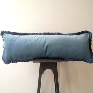 long lumbar blue velvet pillow // blue fringe pillow cushion // blue monochrome pillow // dusty blue fringe cushion