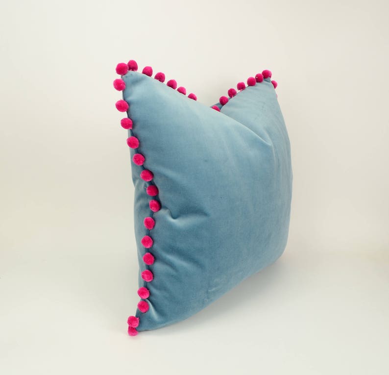 Blue Velvet Pom Pom Pillow // Pink Pom Pom Cushion // Blue and Etsy UK