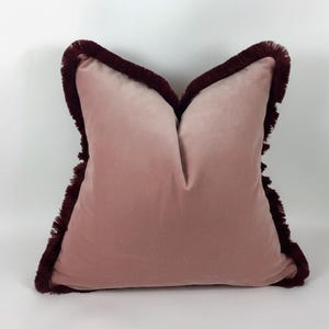 Velvet Pillow, Velvet Cushion, Dusty Pink with Burgundy Fringe Trim