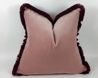 Velvet Pillow, Velvet Cushion, Dusty Pink with Burgundy Fringe Trim