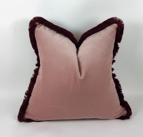 Velvet Pillow, Velvet Cushion, Dusty Pink with Burgundy Fringe Trim