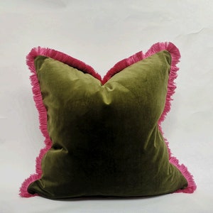 Moss green with pink fringe pillow, green and pink velvet cushion, velvet fringe pillow, green and pink cushion