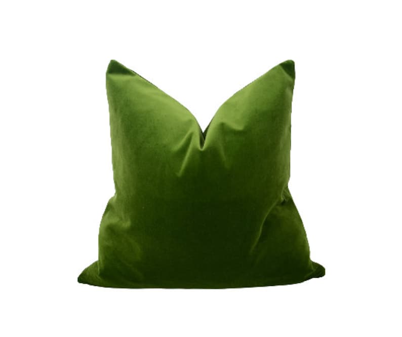May include: A green velvet pillow with a simple, rectangular shape.