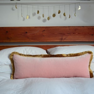 long lumbar pillow // blush velvet long lumbar pillow // pink and gold pillow // gold fringe pillow 12 X 36 + FEATHER