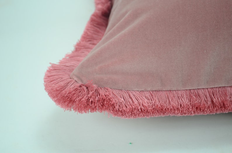 May include: A pink velvet pillow with a fringe trim. The pillow is soft and plush, and the fringe adds a touch of texture and style.