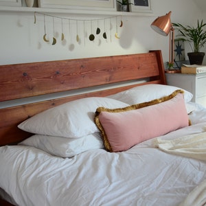 long lumbar pillow // blush velvet long lumbar pillow // pink and gold pillow // gold fringe pillow image 5