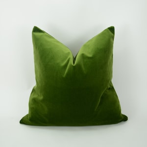 May include: A deep green velvet pillow with a square shape and a smooth, soft texture.