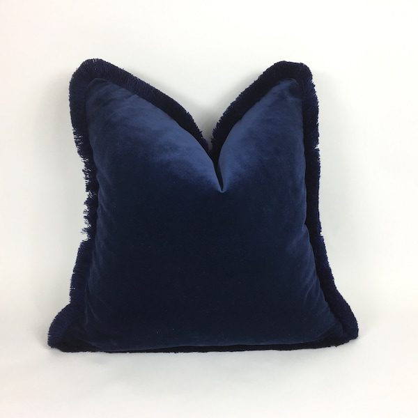 Navy brush fringe pillow // midnight blue velvet pillow // velvet fringed cushion