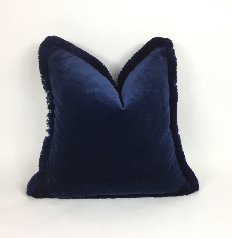 Navy brush fringe pillow // midnight blue velvet pillow // Etsy