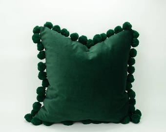 green pom pom cushion // jumbo pom pom pillow // velvet pom cushion // green pom pom pillow