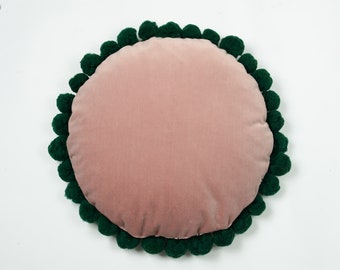 round pom pom cushion // pink and green pillow // round pom pom pillow // dusty pink and forest green