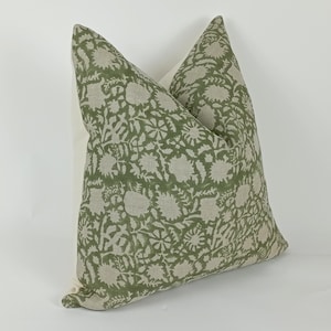 green floral block print pillow, green floral pillow, green block print cushion