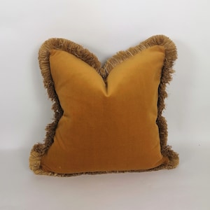 Mustard velvet with gold fringe pillow // mustard velvet cushion // mustard and gold // yellow and gold fringe pillow