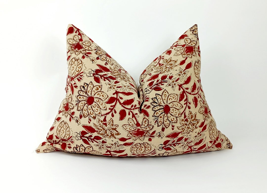 Red Block Print Pillow, Red Beige Block Printed Pillow, Block Print ...