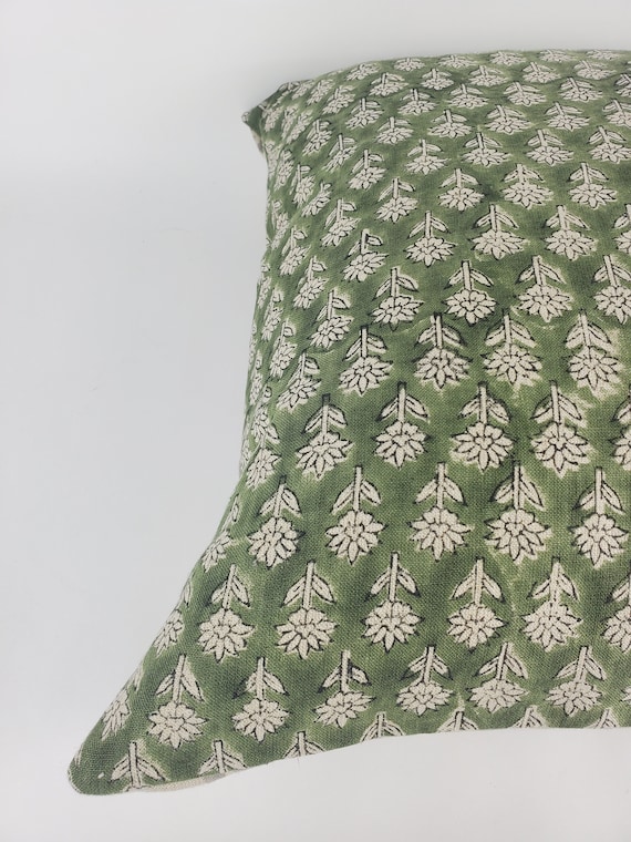 Green Block Print Pillow Block Print Green Floral Pillow Block Print Cushion Neutral Throw Pillow Designer Pillow Etsy