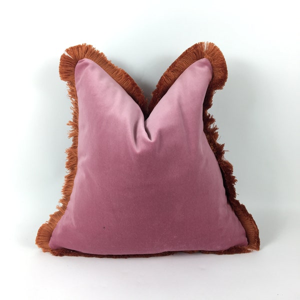 pink and orange pillow, pink with orange fringe pillow, pink and coral pillow