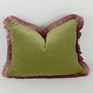 sage green with dusty pink fringe velvet pillow, green and pink velvet cushion, velvet fringe pillow, green and pink cushion