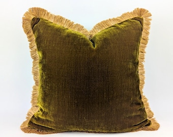 Velvet Pillow Cover, Silk Velvet Cushion, Chartreuse Green with Gold Fringe Trim