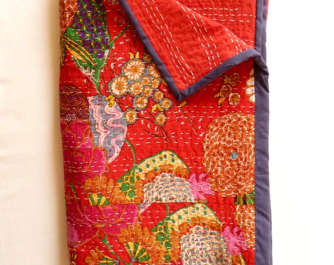 Red Kantha Quilt // King / Queen Bedspread // Red King Coverlet // Red
