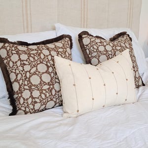 Brown block print pillow, chocolate brown floral pillow, brown block print cushion, Indian fabric, brown fringe pillow