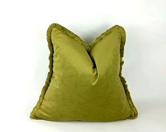 Chartreuse Velvet Throw Pillow - Green Fringe Cushion - Custom Pillow