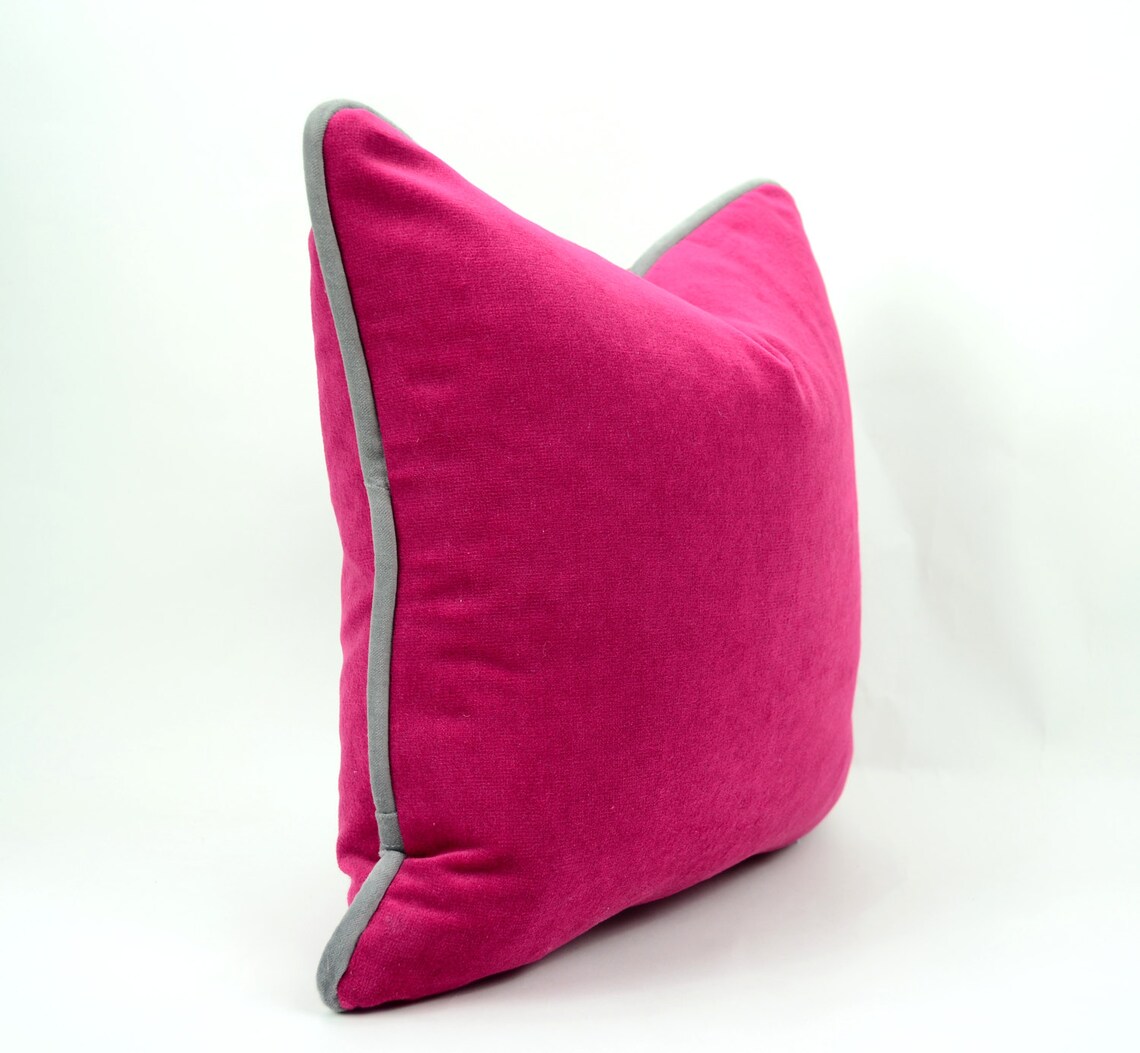 Pink and Grey Piping Pillow Case // Raspberry Velvet Pillow // Etsy