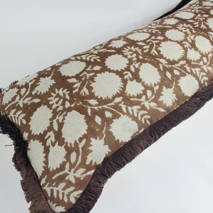 Brown block print pillow, chocolate brown floral pillow, brown block print cushion, Indian fabric, brown fringe pillow