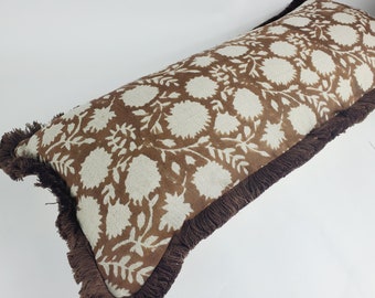Brown block print pillow, chocolate brown floral pillow, brown block print cushion, Indian fabric, brown fringe pillow
