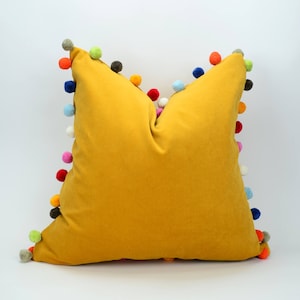 pom pom cushion // jumbo pom pom pillow // mustard velvet pom cushion // yellow pom pom pillow