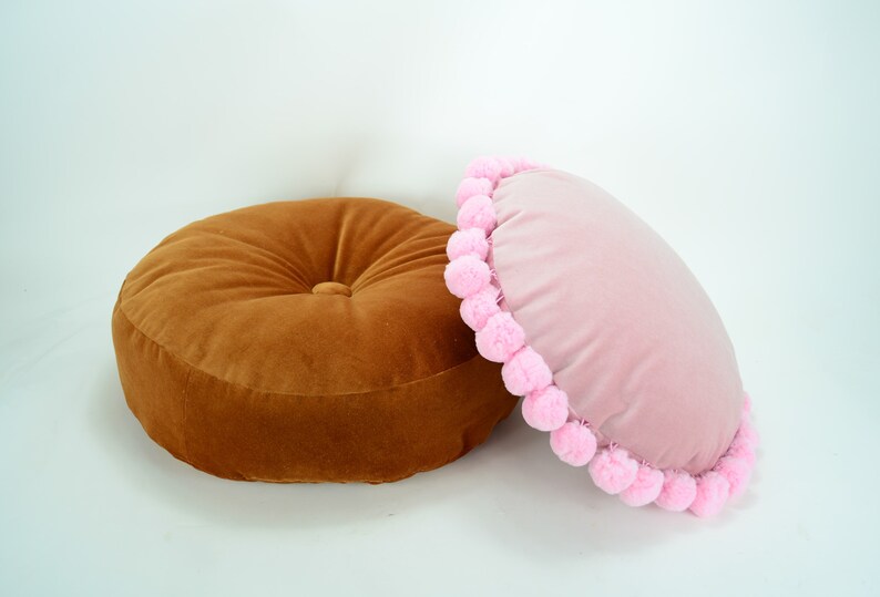 Round Pink Pom Pom Pillow // Round Velvet Cushion // Round Pom Etsy