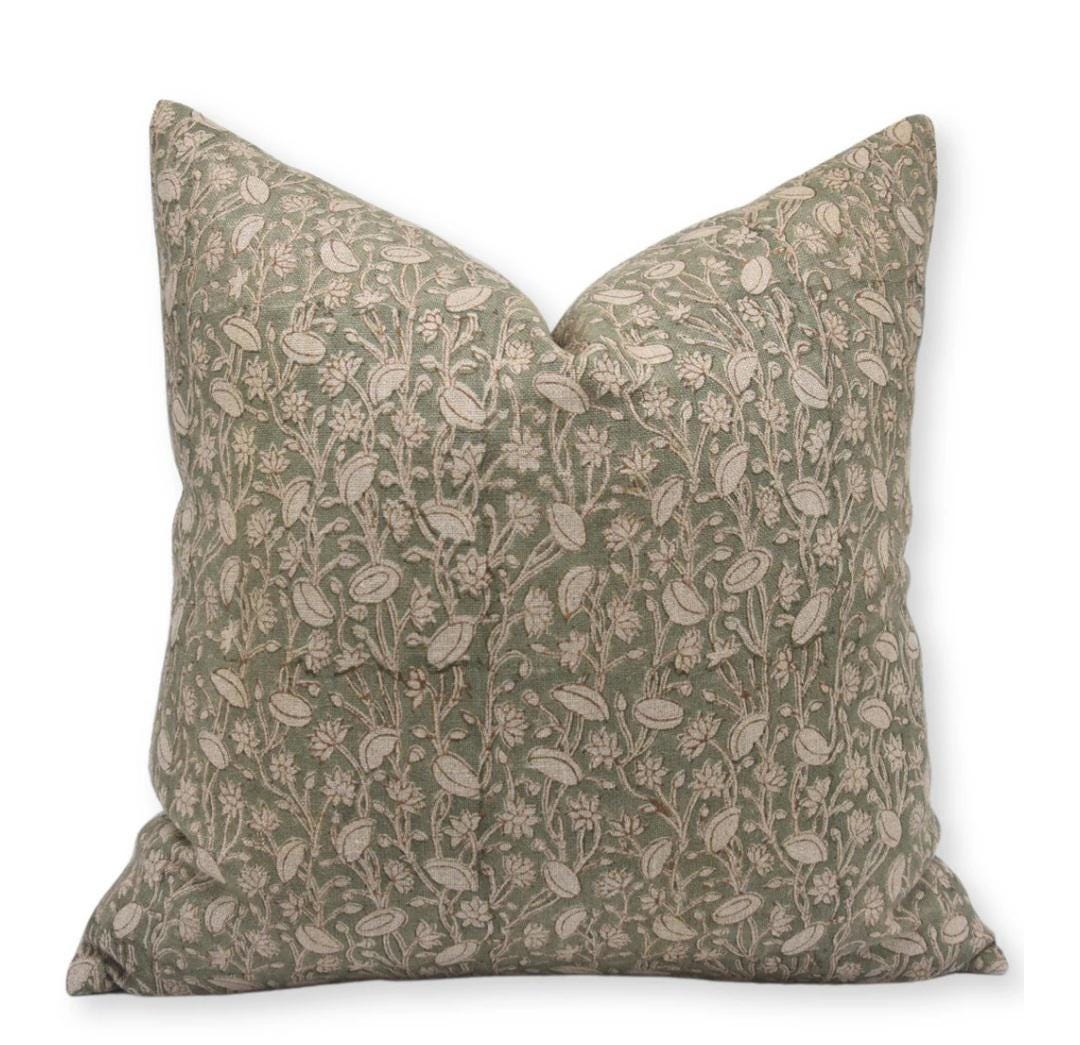 Green block print pillow, block print green floral pillow, block print cushion, neutral throw pillow, designer pillow