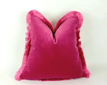 pink brush fringe pillow, pink velvet cushion, brush fringed pillow, pink finged pillow, pink brush fringe