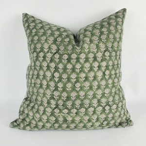 Green block print pillow, block print green floral pillow, block print cushion, neutral throw pillow, designer pillow
