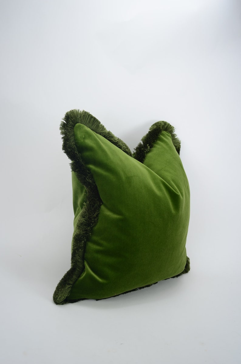 Green Brush Fringe Pillow Cover // Moss Green Velvet Cushion Etsy