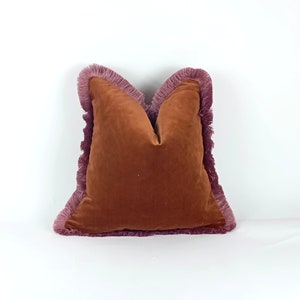Rust velvet and pink fringe pillow, brown and pink pillow, rust velvet pillow