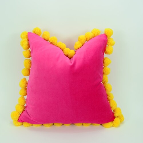 Hot Pink Pom Pom Cushion Cover // Yellow Jumbo Pom Pom Pillow Etsy