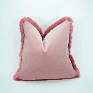 May include: A pink velvet pillow with a fringed border. The pillow is soft and plush, and the fringe adds a touch of elegance.