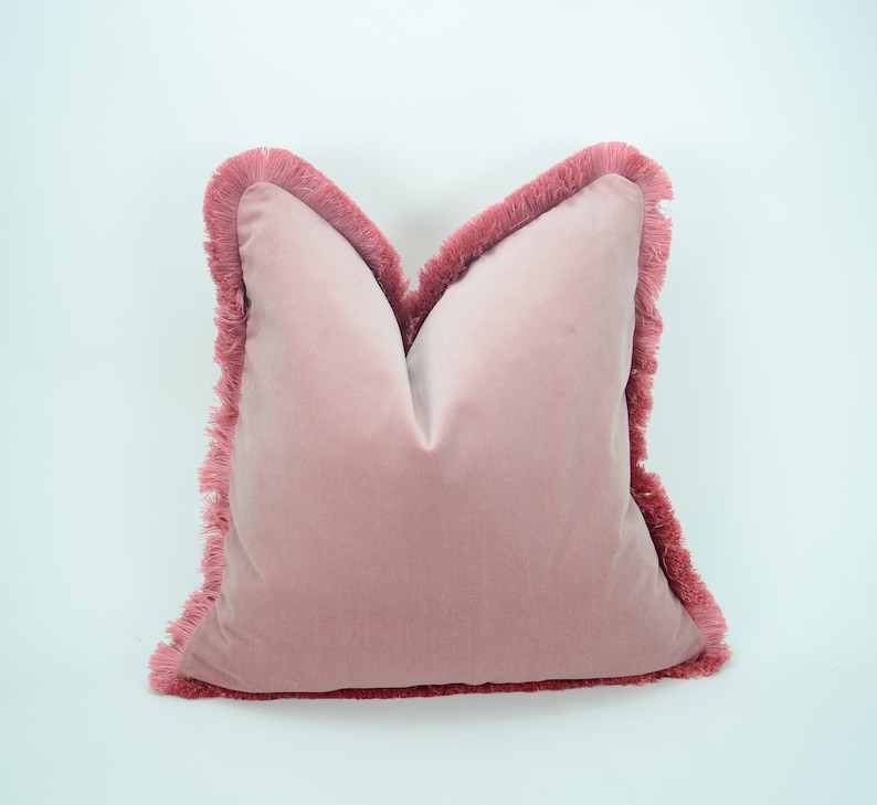 May include: A pink velvet pillow with a fringed border. The pillow is soft and plush, and the fringe adds a touch of elegance.