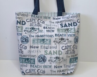 Beach Print Reversible Canvas Tote Bag, Striped Beach Bag, Hamptons Theme Beach Bag