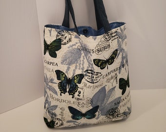 Blue Butterfly Print Canvas Tote Bag, Handmade Fabric Tote with Pockets and Snap Closure