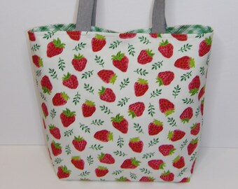 Strawberry Print Fabric Tote | Summer Strawberry Canvas Tote Bag