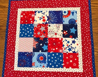 Patriotic Quilted Table Topper, Red White and Blue Quilted Runner, American Flag Patchwork Topper, Memorial Day Quilted Runner