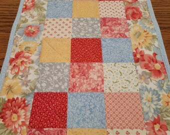 Coral and Yellow Floral Quilted Runner for Spring, Patchwork Quilted Table Topper, Flower Print Fabric Table Runner, Spring Table Decor