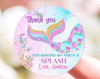 Mermaid Birthday Personalized Party Stickers -  Custom Girls Kids Under The Sea Theme Thank You Favor Sticker - Choose Your Size