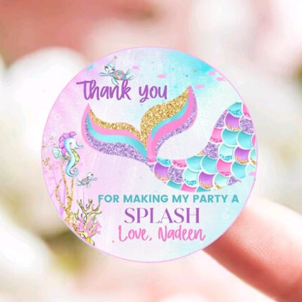 Mermaid Birthday Personalized Party Stickers -  Custom Girls Kids Under The Sea Theme Thank You Favor Sticker - Choose Your Size