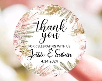 Thank You Stickers - Pink Pampas Theme Bridal Shower - Thank You Favor Sticker - Wedding & Engagement Candy Bag Favor