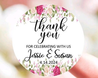 Thank You Stickers - Pink Floral Rose Theme Bridal Shower - Thank You Favor Sticker - Wedding & Engagement Candy Bag Favor Stickers
