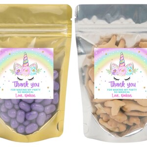 Thank You Unicorn Party Favors - Custom Birthday Treat Bags - Popcorn Treat Gift Bags - Stand Up Pouch - Pink Blue Gold or Silver Bags