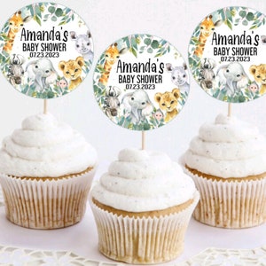 Personalized Baby Shower Cupcake Topper on Toothpicks - Safari Animal Theme Baby Shower Toppers - Choose Your Size